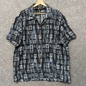 Roundy Bay Mens XL Hawaiian Shirt Black Blue‎ Abstract Tribal Print Short Sleeve
